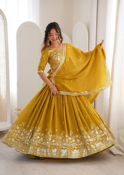 Heavy Simar Silk Lehenga Set with Thread & Sequin Work | 3-Meter Flair | Full-Stitched Yellow