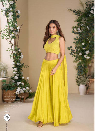 Premium Ethnic Wear – MOON by Sayuri | Hand Embroidered Blouse with Plazzo & Dupatta (Yellow)