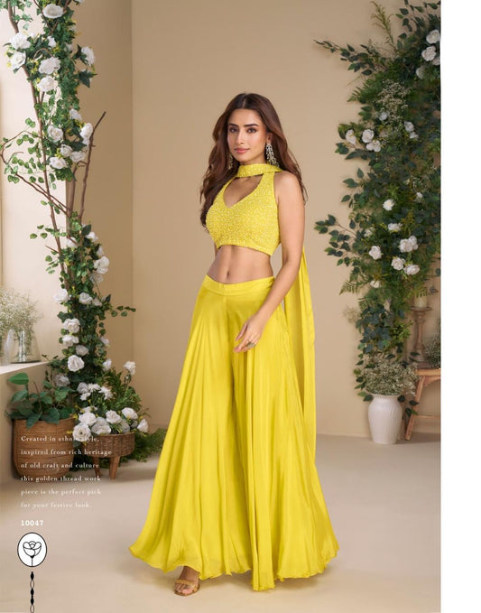 Premium Ethnic Wear – MOON by Sayuri | Hand Embroidered Blouse with Plazzo & Dupatta (Yellow)