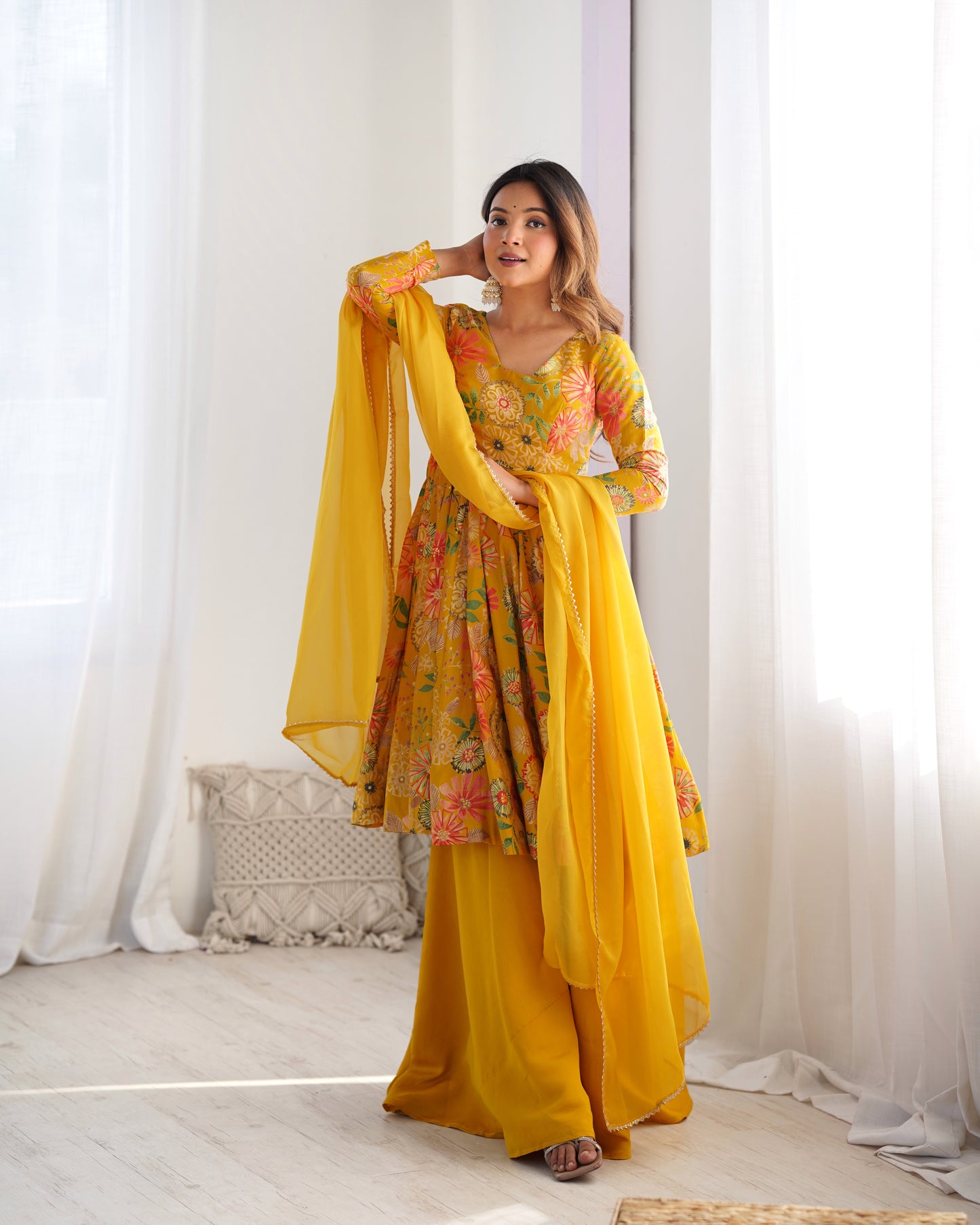 Elegant Floral Printed kediya kurta palazzo Set – Yellow