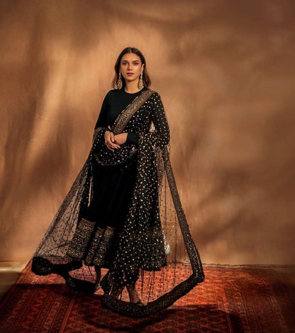 Designer Faux Georgette Gown with Embroidered Dupatta Black