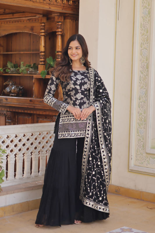 Black and Grey color Salwar Kameez in
Viscose fabric with Embroidered, Sequence, Zari work