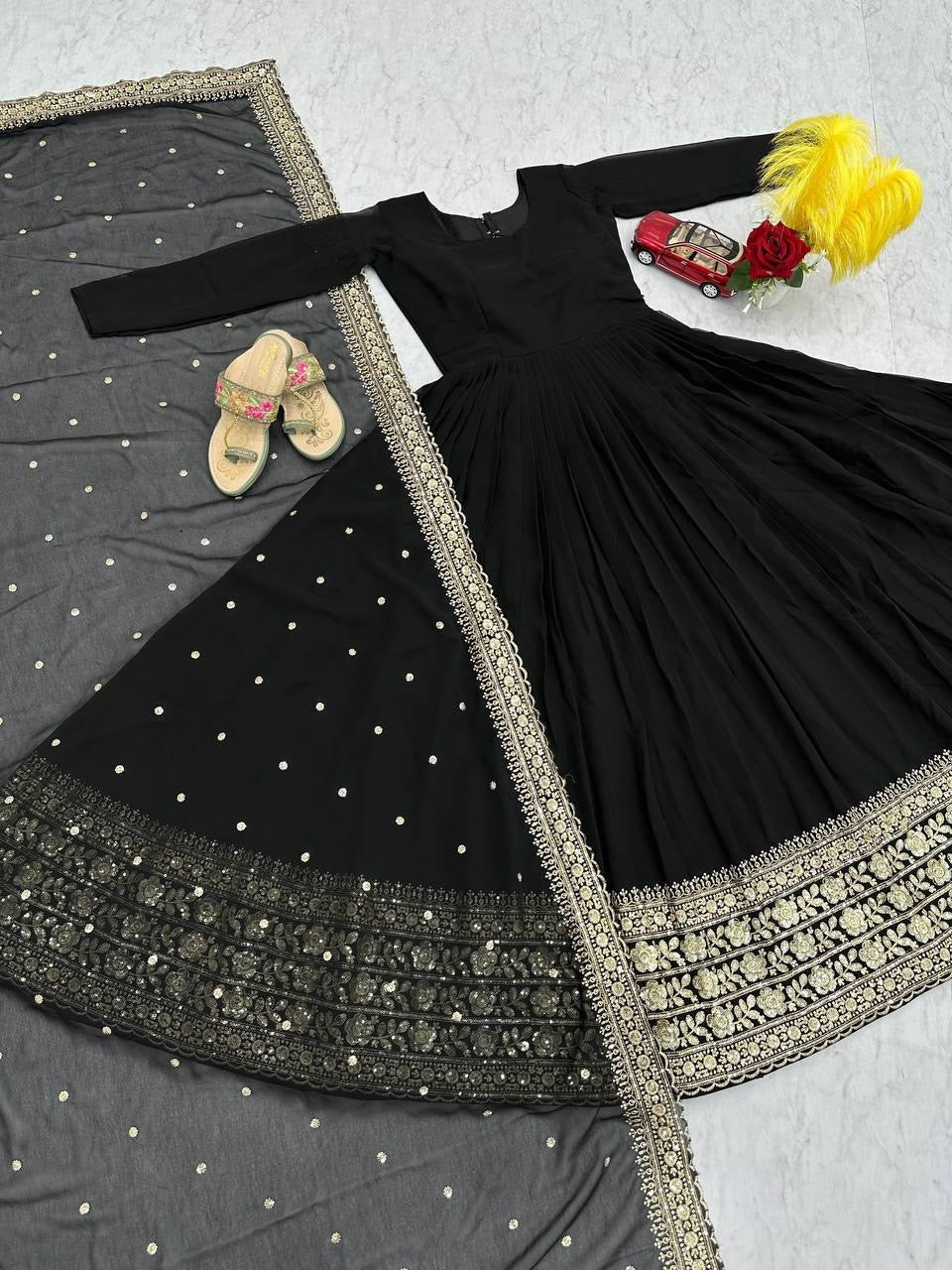 Designer Faux Georgette Gown with Embroidered Dupatta Black
