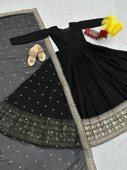 Designer Faux Georgette Gown with Embroidered Dupatta Black