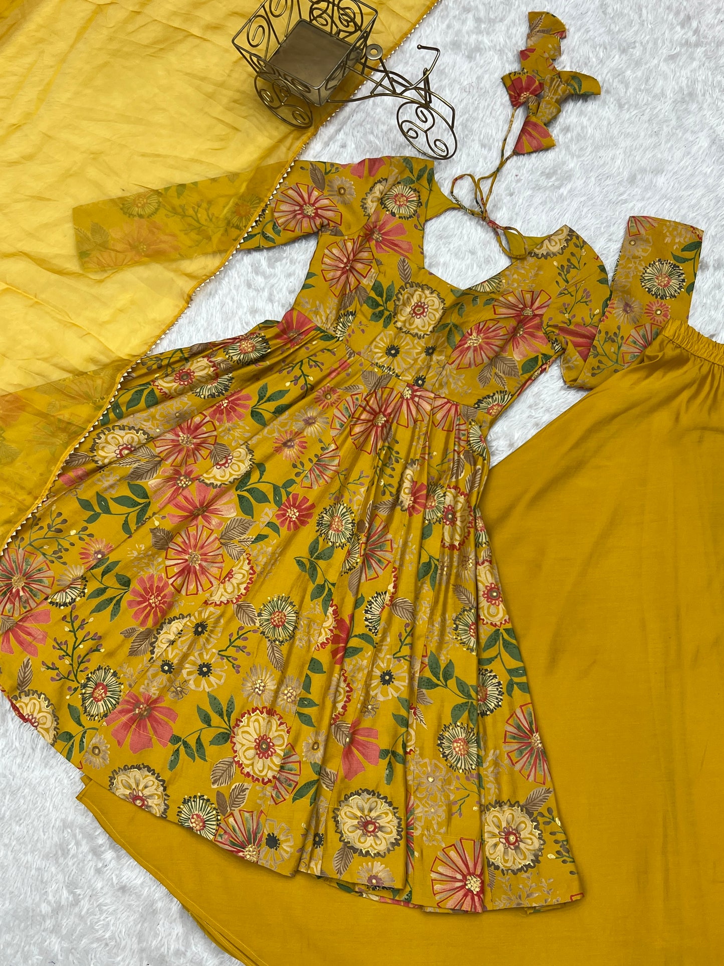 Elegant Floral Printed kediya kurta palazzo Set – Yellow