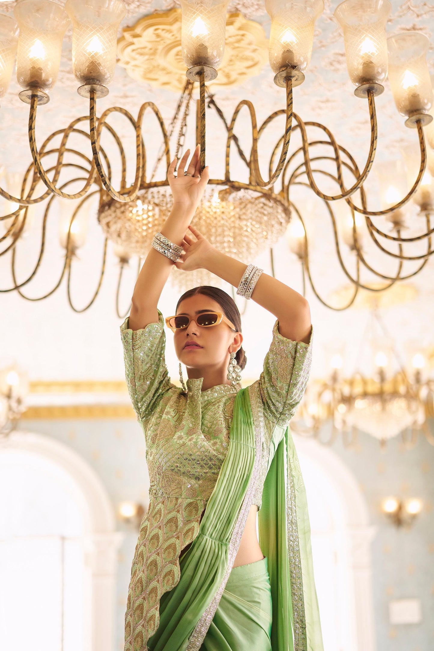 Premium Ready-to-Wear Chinon Drape Saree with Embroidered Stitched Blouse - Green