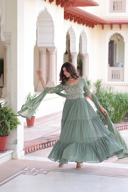 Premium Ready-Made Designer Gown with Embroidered Dupatta (pastel pista)