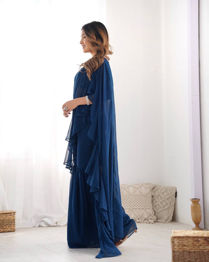 Ready-to-Wear Sharara Saree with Embroidered Blouse – Teal Blue