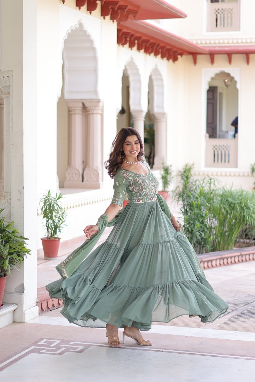 Premium Ready-Made Designer Gown with Embroidered Dupatta (pastel pista)