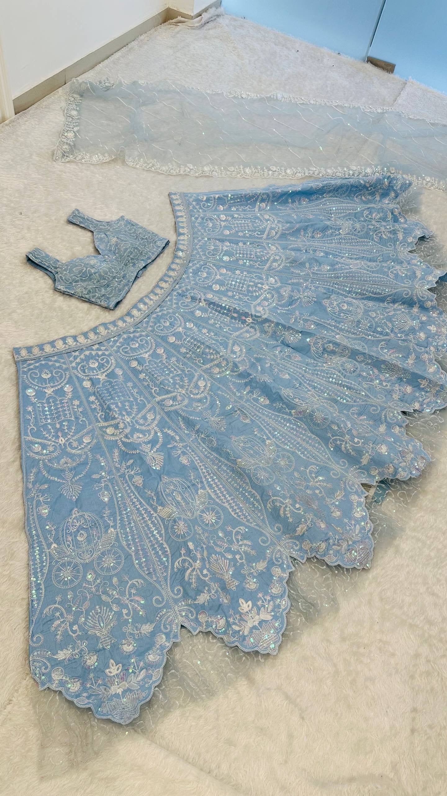Powder Blue Slub Silk Lehenga Set with Resham Dori & Rainbow Sequin Work | 3.25 Meter Flair