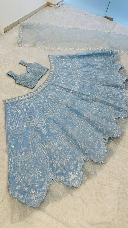 Powder Blue Slub Silk Lehenga Set with Resham Dori & Rainbow Sequin Work | 3.25 Meter Flair