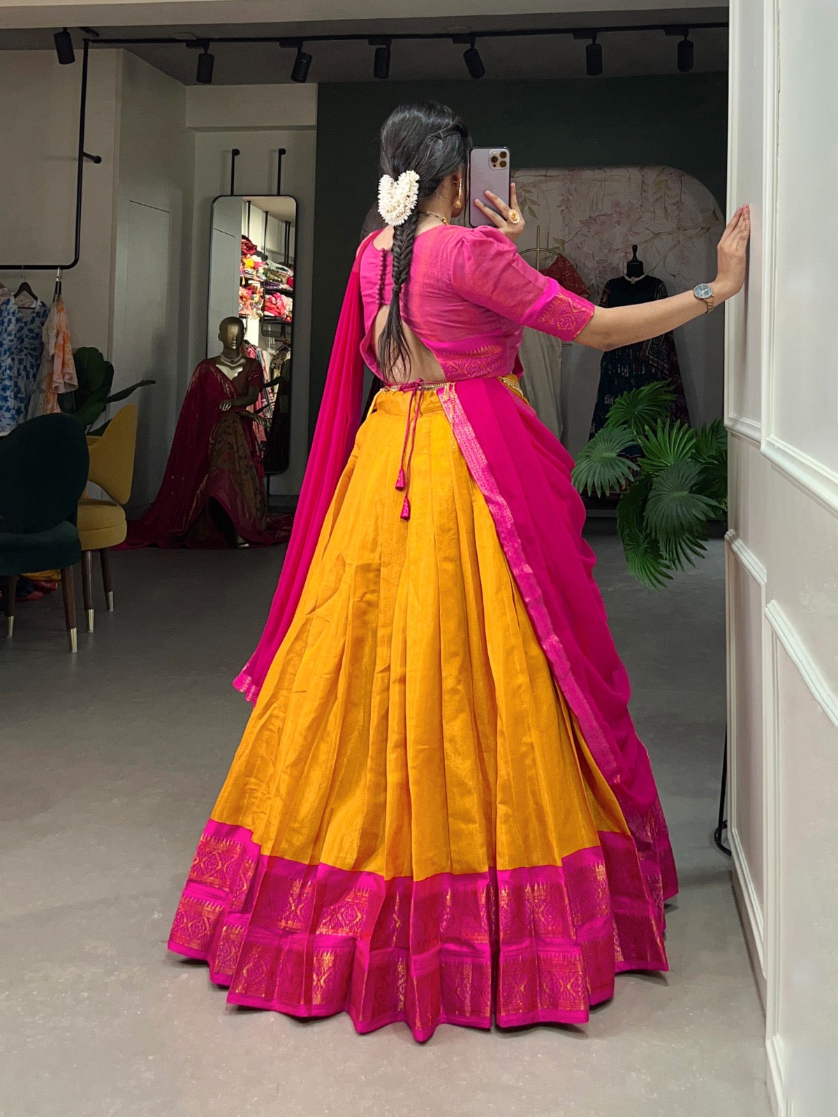 Mustard Kanchipuram Silk Lehenga with Stitched Blouse