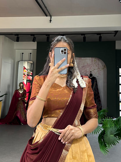 Cream Kanchipuram Silk Lehenga with Stitched Blouse