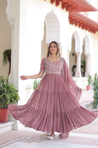 Premium Ready-Made Designer Gown with Embroidered Dupatta (dusty rose)