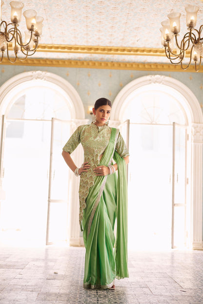 Premium Ready-to-Wear Chinon Drape Saree with Embroidered Stitched Blouse - Green
