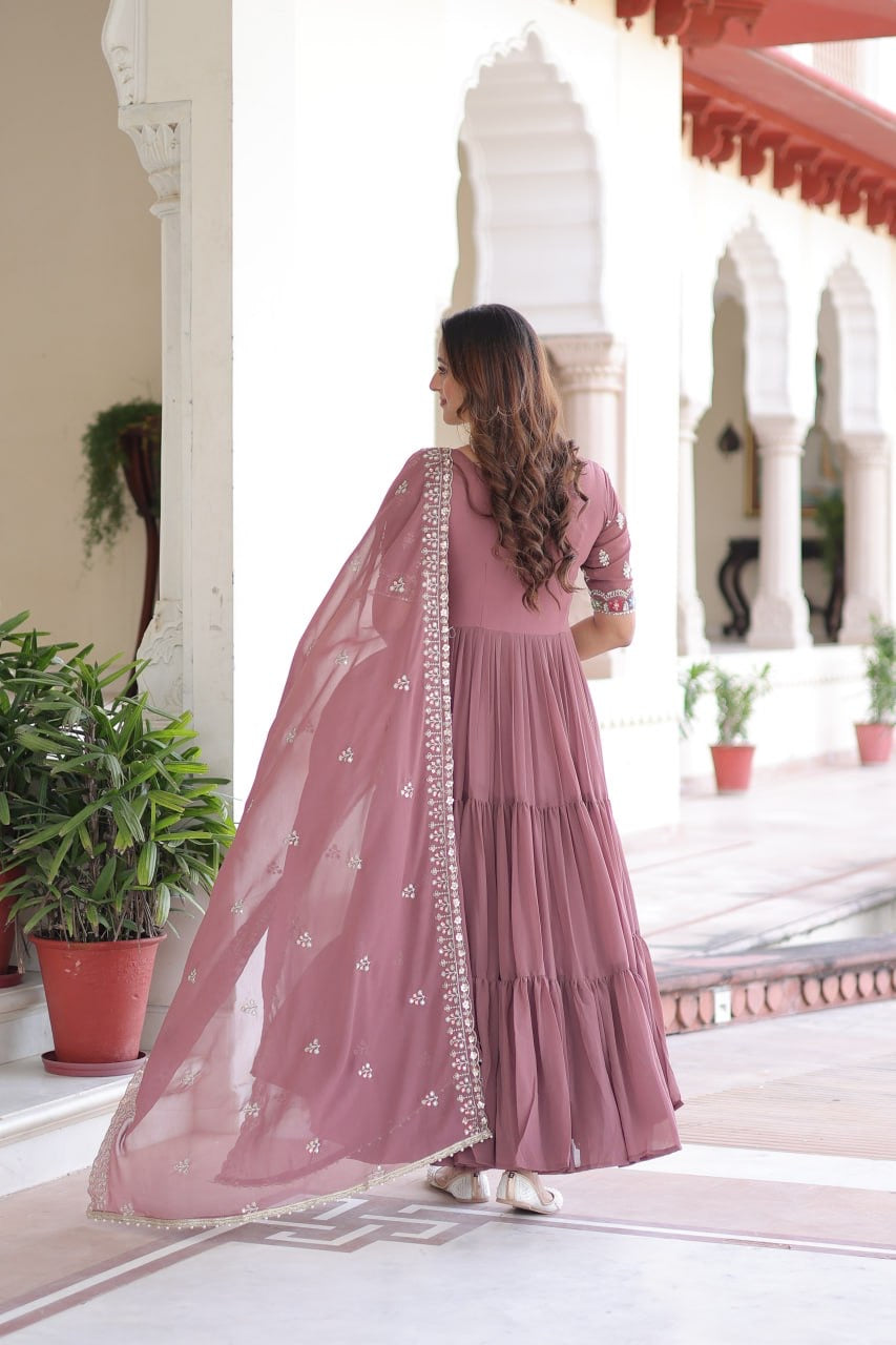 Premium Ready-Made Designer Gown with Embroidered Dupatta (dusty rose)