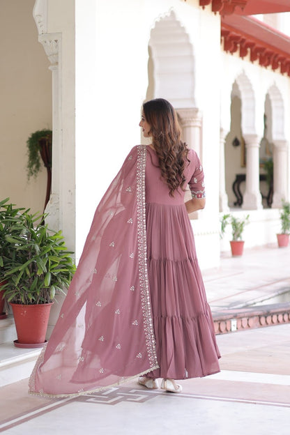 Premium Ready-Made Designer Gown with Embroidered Dupatta (dusty rose)
