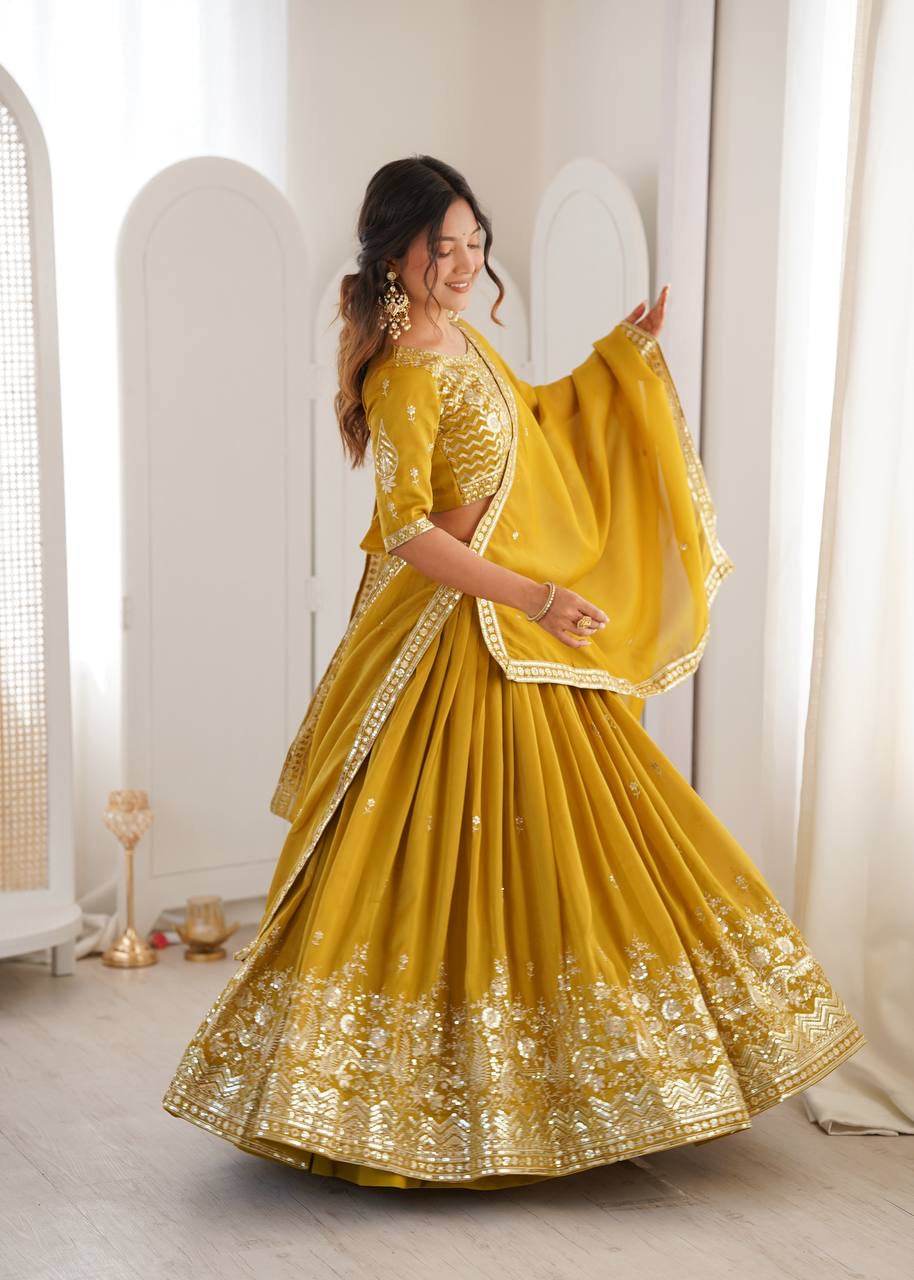 Heavy Simar Silk Lehenga Set with Thread & Sequin Work | 3-Meter Flair | Full-Stitched Yellow