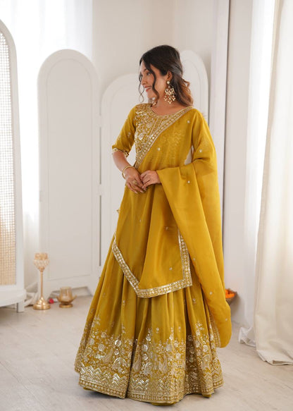 Heavy Simar Silk Lehenga Set with Thread & Sequin Work | 3-Meter Flair | Full-Stitched Yellow