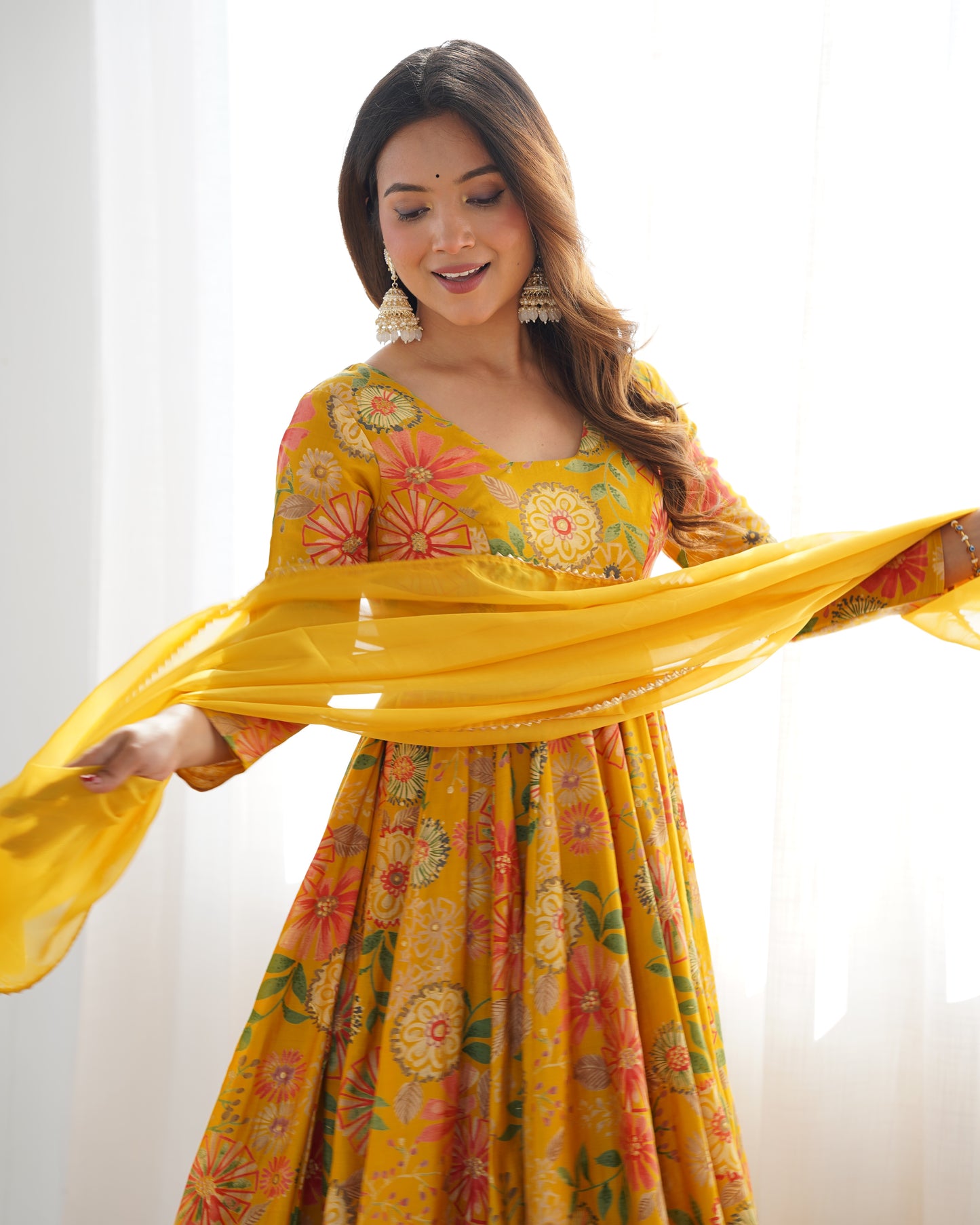 Elegant Floral Printed kediya kurta palazzo Set – Yellow