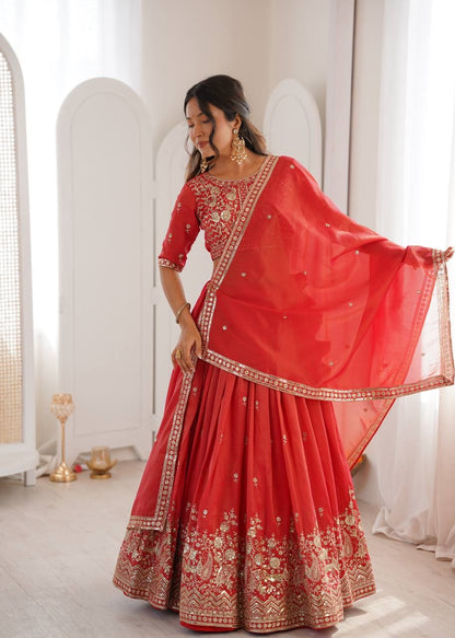 Heavy Simar Silk Lehenga Set with Thread & Sequin Work | 3-Meter Flair | Full-Stitched Orange