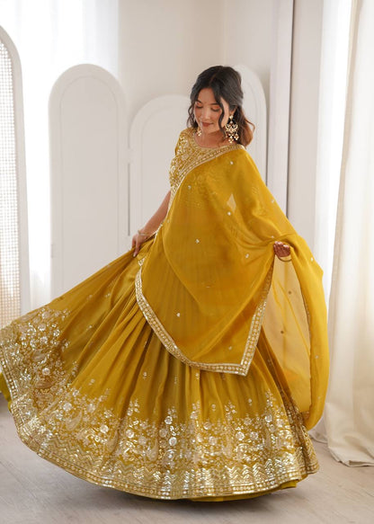 Heavy Simar Silk Lehenga Set with Thread & Sequin Work | 3-Meter Flair | Full-Stitched Yellow