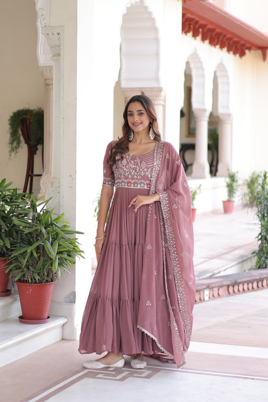 Premium Ready-Made Designer Gown with Embroidered Dupatta (dusty rose)