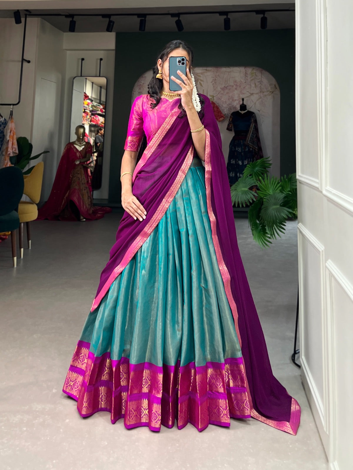 Sky Blue Kanchipuram Silk Lehenga with Stitched Blouse