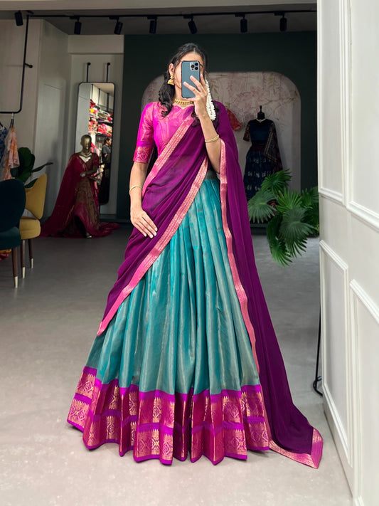 Sky Blue Kanchipuram Silk Lehenga with Stitched Blouse
