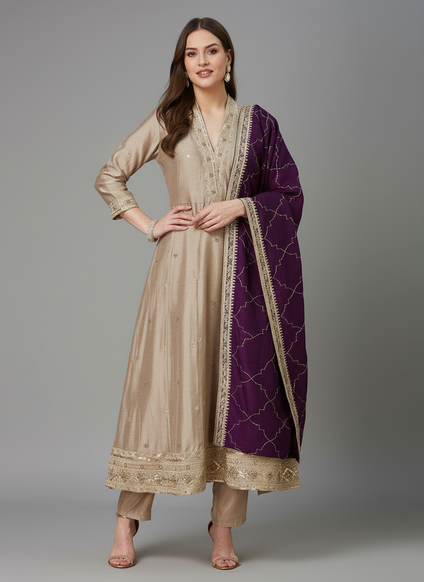 Elegant Vichitra Silk Anarkali Kurti Pant Set with Embroidery & Dupatta – Party & Festive Wear for Women (cream)