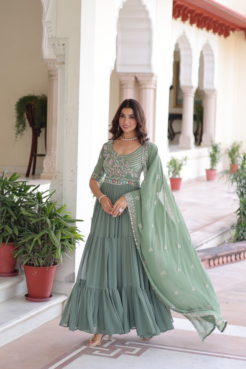 Premium Ready-Made Designer Gown with Embroidered Dupatta (pastel pista)