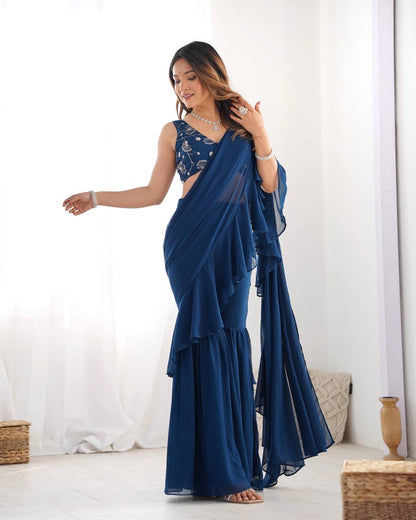 Ready-to-Wear Sharara Saree with Embroidered Blouse – Teal Blue