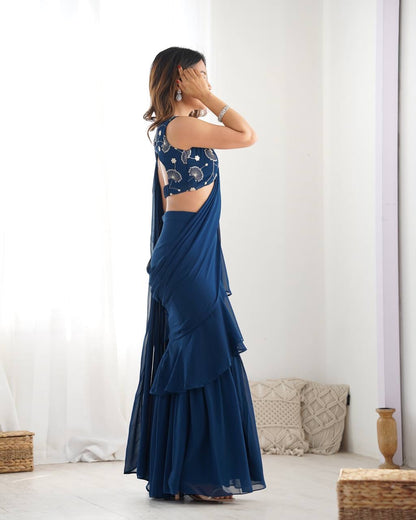 Ready-to-Wear Sharara Saree with Embroidered Blouse – Teal Blue