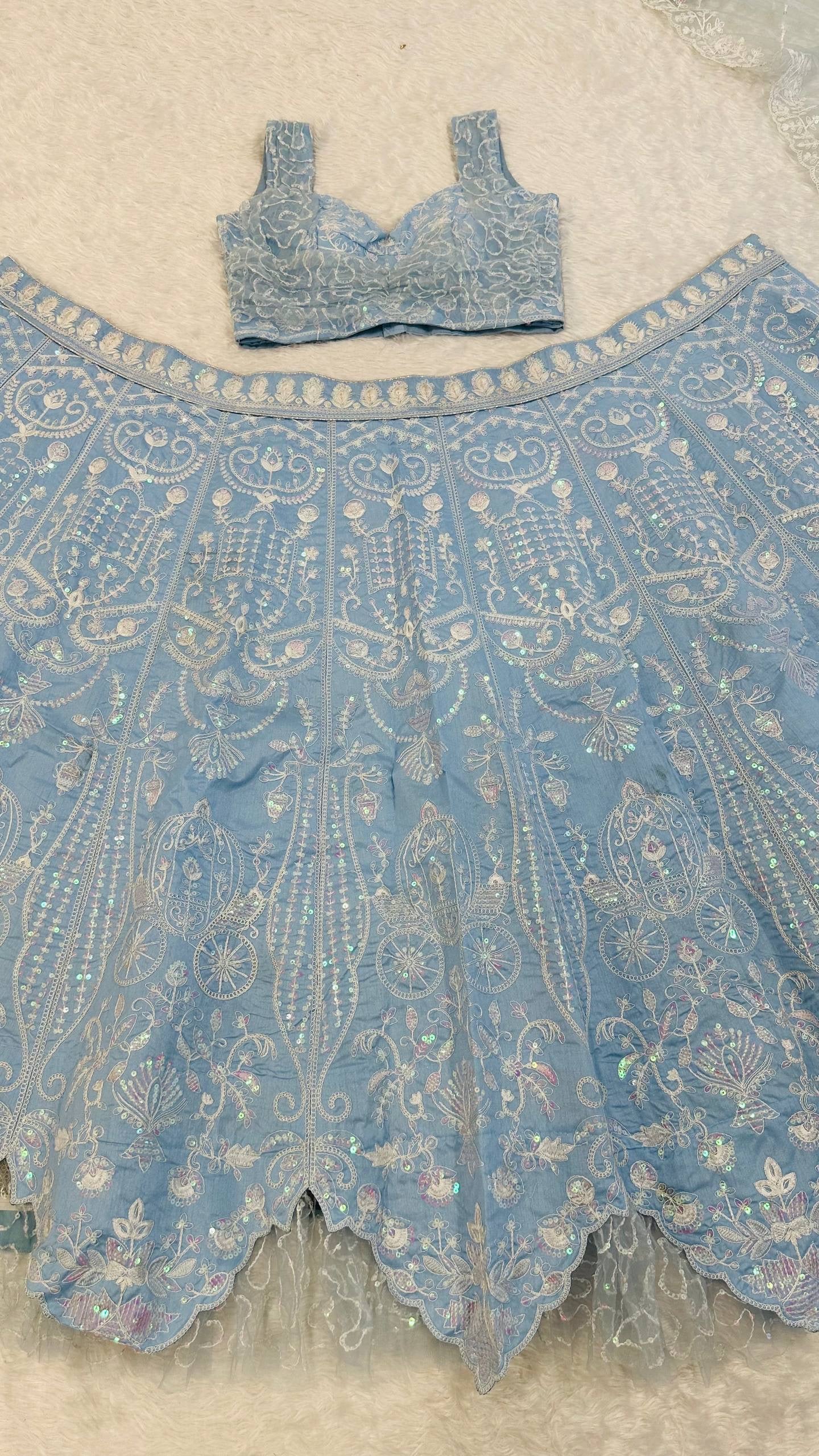 Powder Blue Slub Silk Lehenga Set with Resham Dori & Rainbow Sequin Work | 3.25 Meter Flair