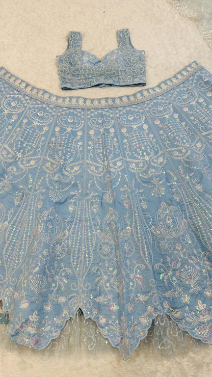 Powder Blue Slub Silk Lehenga Set with Resham Dori & Rainbow Sequin Work | 3.25 Meter Flair