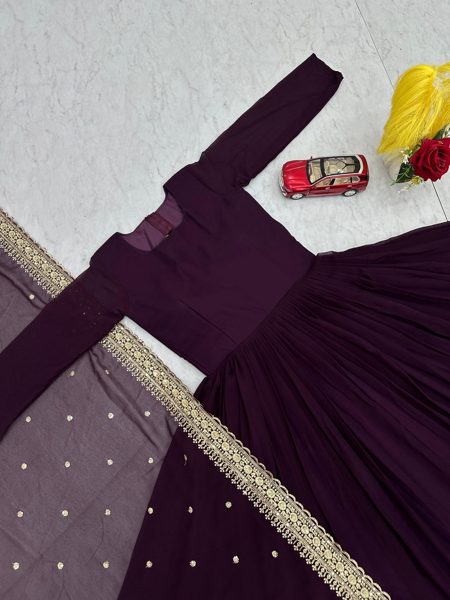 Designer Faux Georgette Gown with Embroidered Dupatta Wine