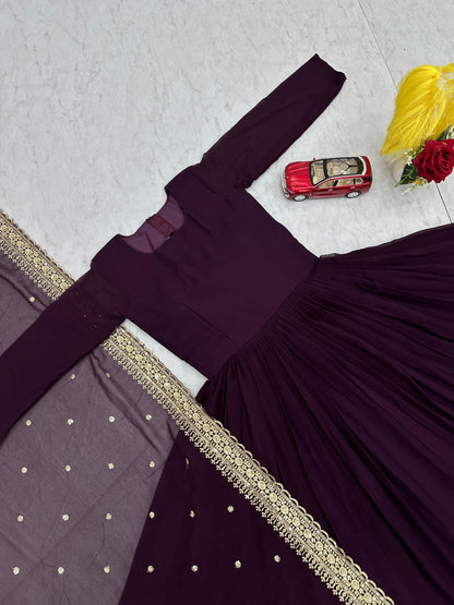 Designer Faux Georgette Gown with Embroidered Dupatta Wine