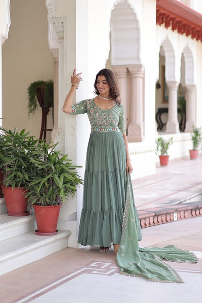 Premium Ready-Made Designer Gown with Embroidered Dupatta (pastel pista)