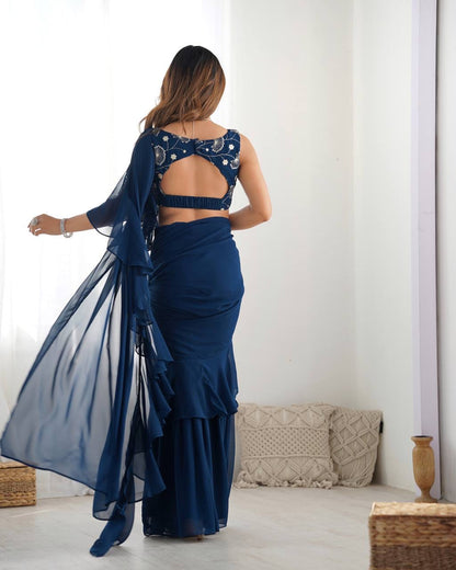 Ready-to-Wear Sharara Saree with Embroidered Blouse – Teal Blue