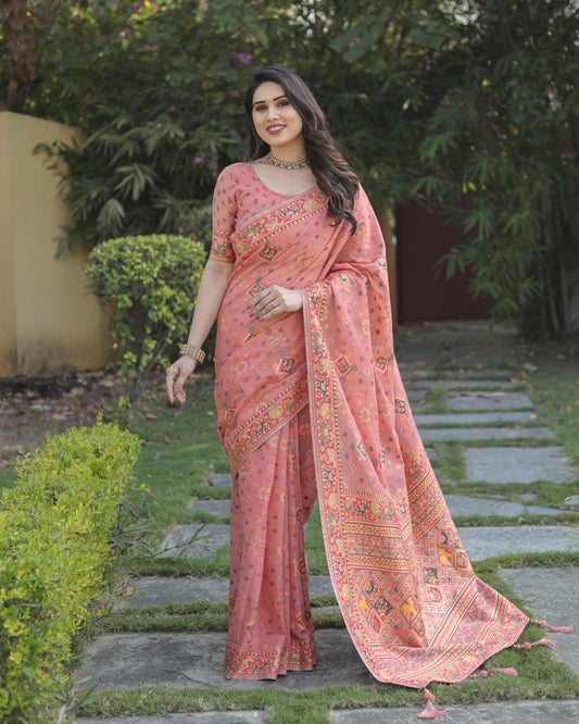 Premium Pasmina soft cotton Saree ( Peach color )