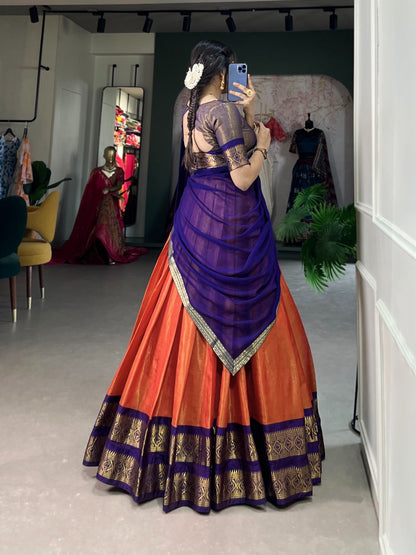 Orange Kanchipuram Silk Lehenga with Stitched Blouse