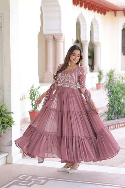 Premium Ready-Made Designer Gown with Embroidered Dupatta (dusty rose)