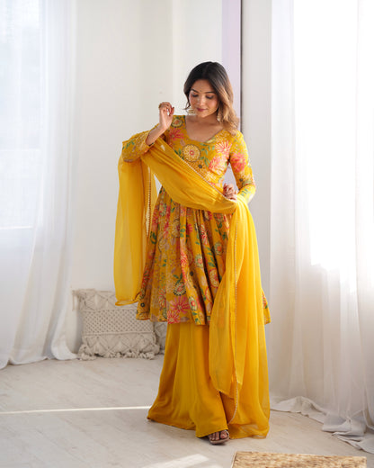 Elegant Floral Printed kediya kurta palazzo Set – Yellow