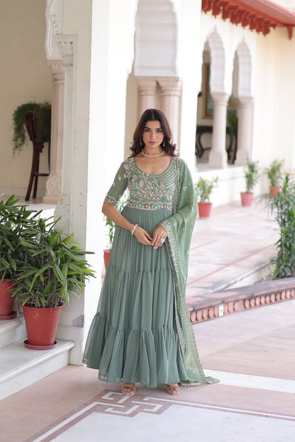 Premium Ready-Made Designer Gown with Embroidered Dupatta (pastel pista)