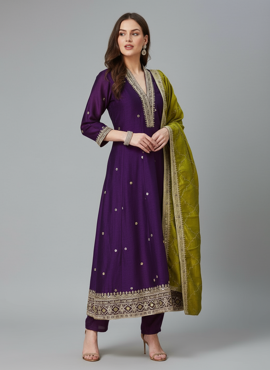 Elegant Vichitra Silk Anarkali Kurti Pant Set with Embroidery & Dupatta – Party & Festive Wear for Women