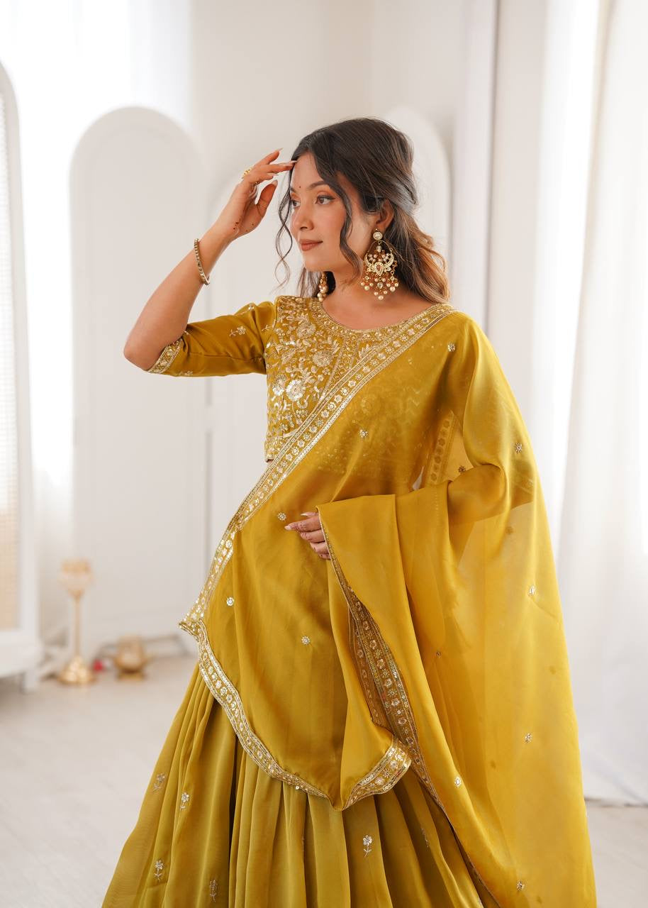 Heavy Simar Silk Lehenga Set with Thread & Sequin Work | 3-Meter Flair | Full-Stitched Yellow