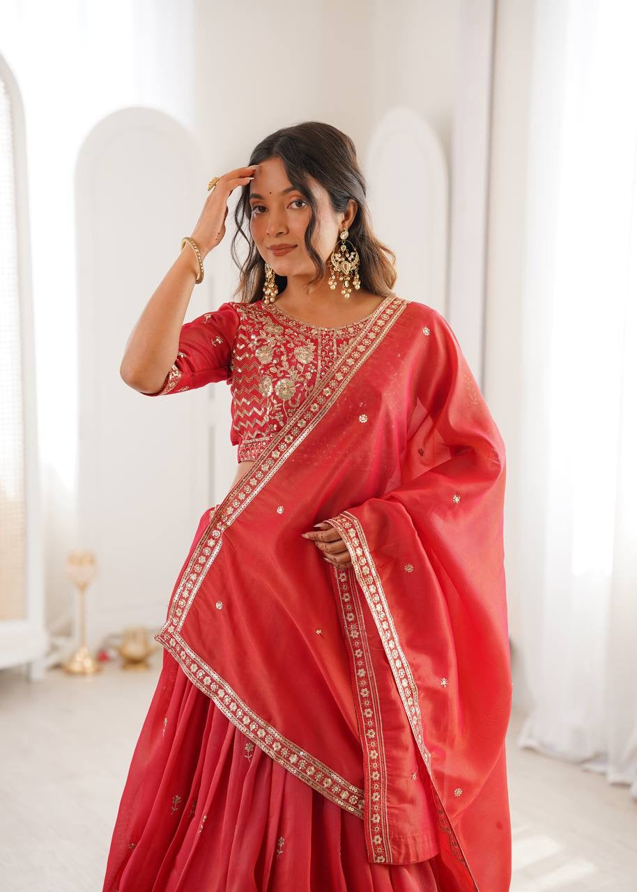 Heavy Simar Silk Lehenga Set with Thread & Sequin Work | 3-Meter Flair | Full-Stitched Orange