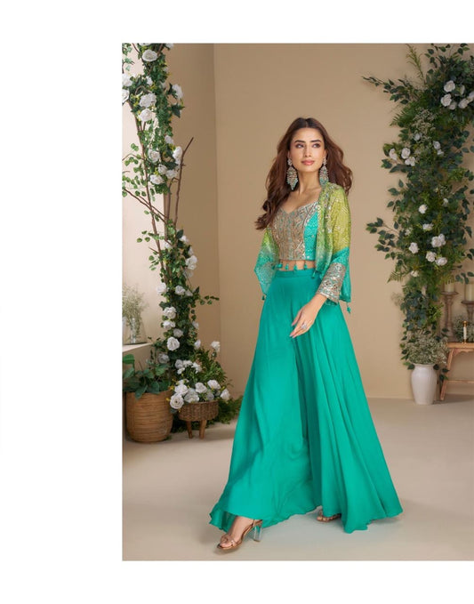 Premium Ethnic Wear – MOON by Sayuri | Hand Embroidered Blouse with Plazzo & Dupatta (sky blue)