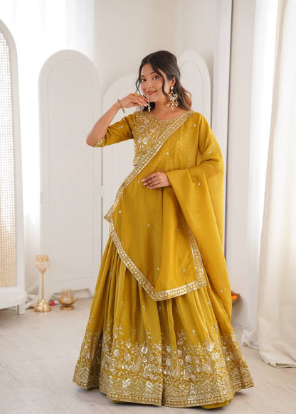 Heavy Simar Silk Lehenga Set with Thread & Sequin Work | 3-Meter Flair | Full-Stitched Yellow