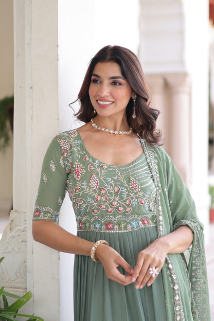 Premium Ready-Made Designer Gown with Embroidered Dupatta (pastel pista)